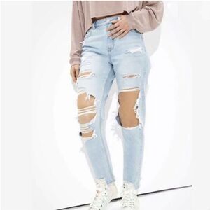 American Eagle Mom Jean Comfort Stretch Waistband Destroyed Ripped Jean Light 0